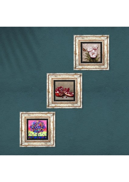 Kelebekli Çiçek, Hayat Ağacı, Nar Çerçeveli Taş Duvar Tablosu 3’lü Set - Dekoratif Modern Sanat, Ev ve Ofis Dekoru |TK3-1041| fırsatları