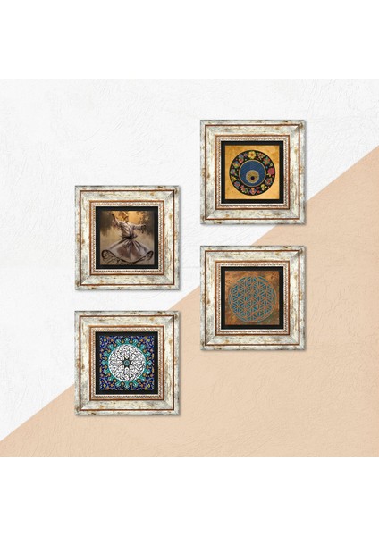 Yaşam Çiçeği, Semazen, İhlas Suresi, Nazar Taş Duvar Tablosu Çerçeveli Duvar Dekoru 4 Parça Tablo Seti Wall Art T4-649