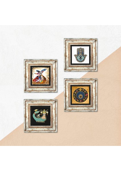 Nazar, Şahmeran, Semazen, Fatma Ana Eli (Hamsa) Çerçeveli Taş Duvar Tablosu 4’lü Set - Dekoratif Modern Sanat, Ev ve Ofis Dekoru |TK4-654| indirimleri