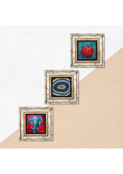 Fil, Nazar, Nar Taş Duvar Tablosu Çerçeveli Duvar Dekoru 3 Parça Tablo Seti Wall Art T3-175
