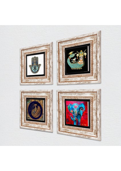 Fil, Tavus Kuşu, Şahmeran, Fatma Ana Eli (Hamsa) Çerçeveli Taş Duvar Tablosu 4’lü Set - Dekoratif Modern Sanat, Ev ve Ofis Dekoru |TK4-294| fiyatları