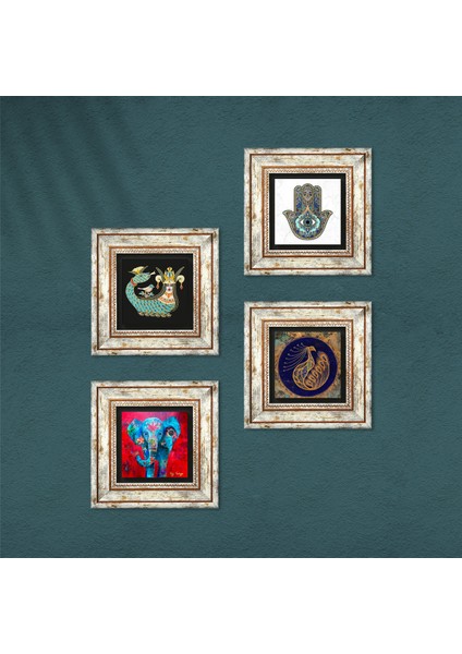 Fil, Tavus Kuşu, Şahmeran, Fatma Ana Eli (Hamsa) Çerçeveli Taş Duvar Tablosu 4’lü Set - Dekoratif Modern Sanat, Ev ve Ofis Dekoru |TK4-294| fırsatları