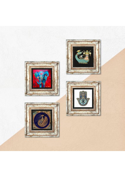 Fil, Tavus Kuşu, Şahmeran, Fatma Ana Eli (Hamsa) Çerçeveli Taş Duvar Tablosu 4’lü Set - Dekoratif Modern Sanat, Ev ve Ofis Dekoru |TK4-294| indirimleri