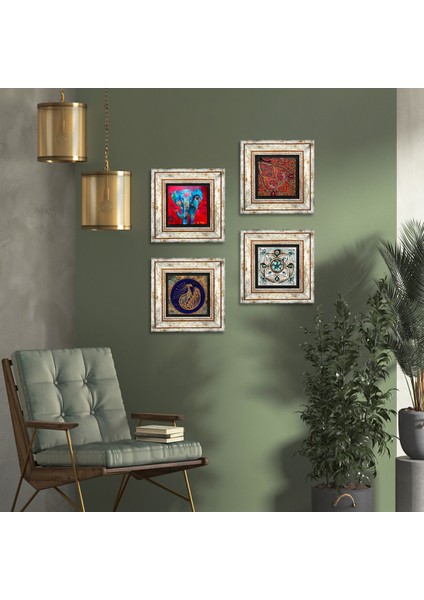 Stone Fil, Tavus Kuşu, Desen, Çini Sanatı Çerçeveli Taş Duvar Tablosu 4’lü Set - Dekoratif Modern Sanat, Ev ve Ofis Dekoru |TK4-300|