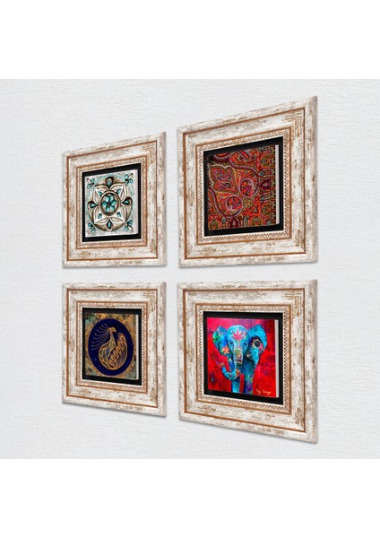 Stone Fil, Tavus Kuşu, Desen, Çini Sanatı Çerçeveli Taş Duvar Tablosu 4’lü Set - Dekoratif Modern Sanat, Ev ve Ofis Dekoru |TK4-300| fiyatları