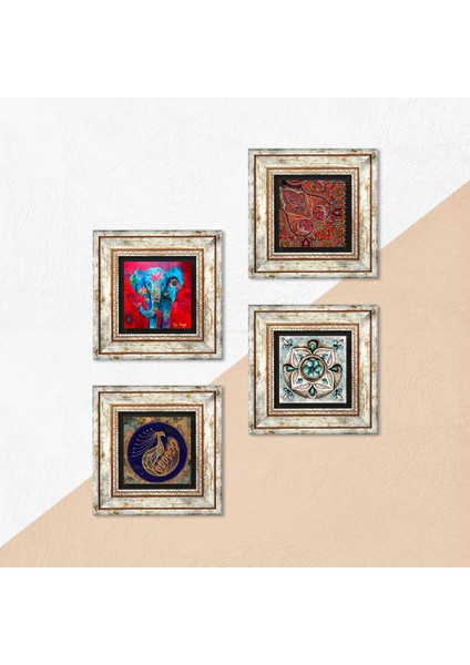 Stone Fil, Tavus Kuşu, Desen, Çini Sanatı Çerçeveli Taş Duvar Tablosu 4’lü Set - Dekoratif Modern Sanat, Ev ve Ofis Dekoru |TK4-300| indirimleri