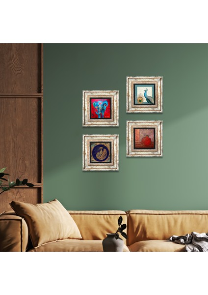 Fil, Tavus Kuşu, Nar Taş Duvar Tablosu Çerçeveli Duvar Dekoru 4 Parça Tablo Seti Wall Art T4-304