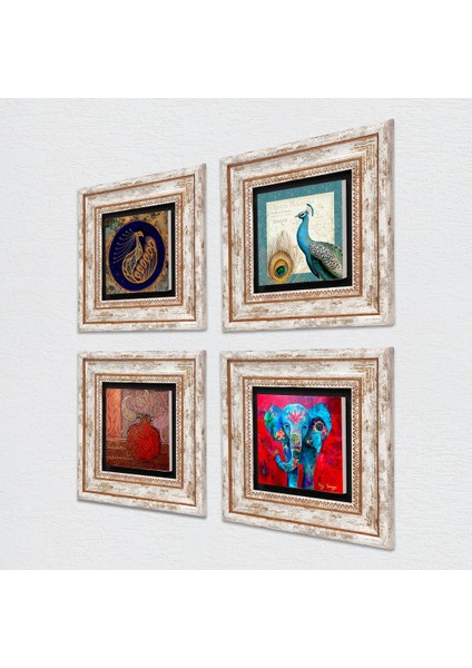 Fil, Tavus Kuşu, Nar Taş Duvar Tablosu Çerçeveli Duvar Dekoru 4 Parça Tablo Seti Wall Art T4-304