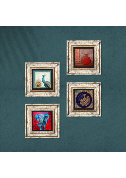 Fil, Tavus Kuşu, Nar Taş Duvar Tablosu Çerçeveli Duvar Dekoru 4 Parça Tablo Seti Wall Art T4-304