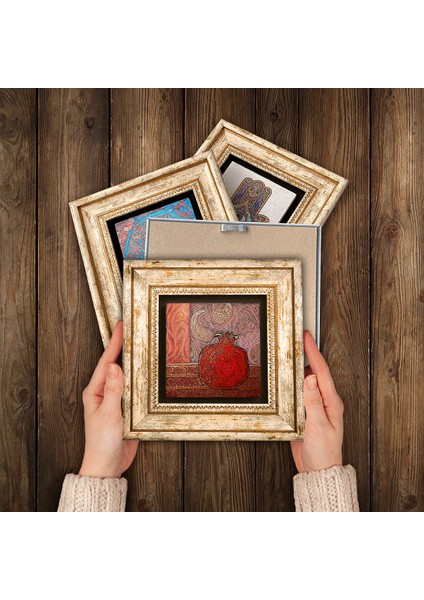 Fil, Tavus Kuşu, Nar Taş Duvar Tablosu Çerçeveli Duvar Dekoru 4 Parça Tablo Seti Wall Art T4-304