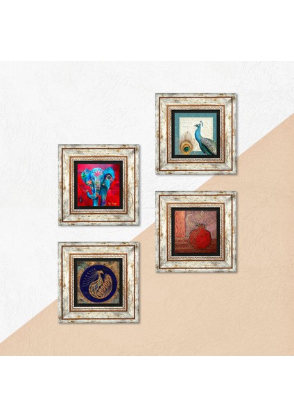 Fil, Tavus Kuşu, Nar Taş Duvar Tablosu Çerçeveli Duvar Dekoru 4 Parça Tablo Seti Wall Art T4-304