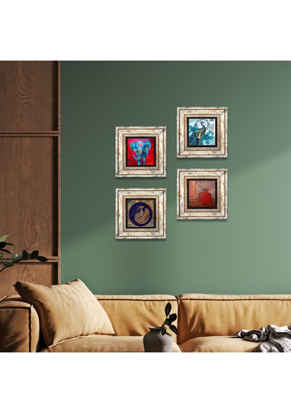 Fil, Tavus Kuşu, Nar Taş Duvar Tablosu Çerçeveli Duvar Dekoru 4 Parça Tablo Seti Wall Art T4-305