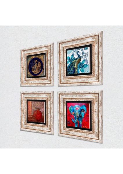 Fil, Tavus Kuşu, Nar Taş Duvar Tablosu Çerçeveli Duvar Dekoru 4 Parça Tablo Seti Wall Art T4-305 fiyatları