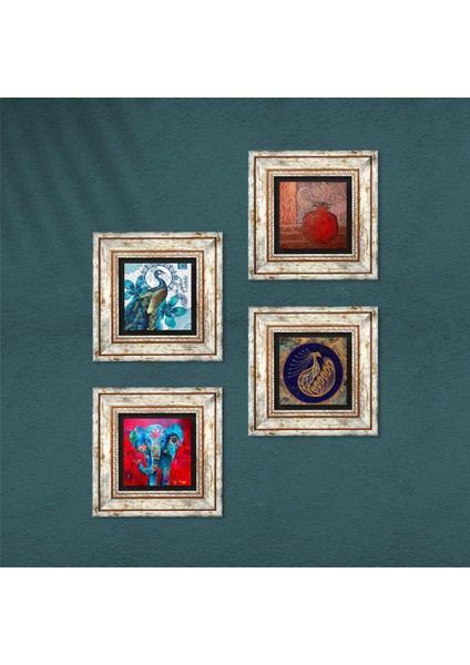 Fil, Tavus Kuşu, Nar Taş Duvar Tablosu Çerçeveli Duvar Dekoru 4 Parça Tablo Seti Wall Art T4-305 fırsatları