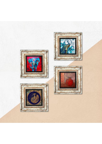 Fil, Tavus Kuşu, Nar Taş Duvar Tablosu Çerçeveli Duvar Dekoru 4 Parça Tablo Seti Wall Art T4-305 indirimleri