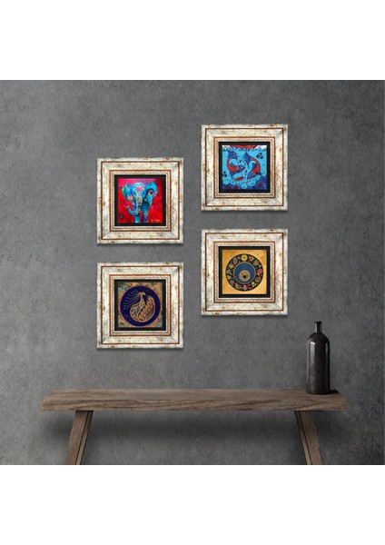 Fil, Tavus Kuşu, Çini Sanatı Balık, Nazar Çerçeveli Taş Duvar Tablosu 4’lü Set - Dekoratif Modern Sanat, Ev ve Ofis Dekoru |TK4-328|
