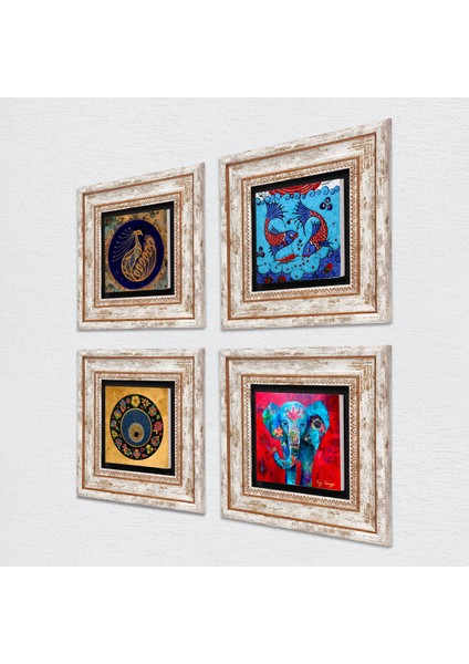 Fil, Tavus Kuşu, Çini Sanatı Balık, Nazar Çerçeveli Taş Duvar Tablosu 4’lü Set - Dekoratif Modern Sanat, Ev ve Ofis Dekoru |TK4-328| fiyatları