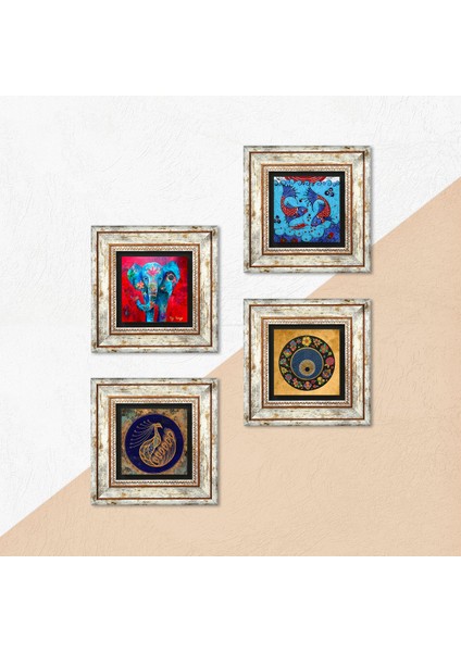 Fil, Tavus Kuşu, Çini Sanatı Balık, Nazar Çerçeveli Taş Duvar Tablosu 4’lü Set - Dekoratif Modern Sanat, Ev ve Ofis Dekoru |TK4-328| indirimleri