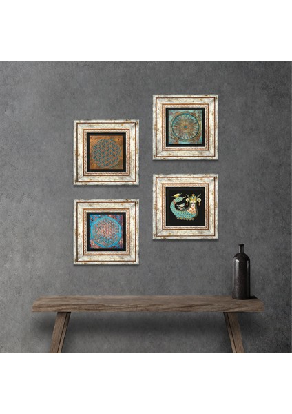 Stone Yaşam Çiçeği, Şahmeran Çerçeveli Taş Duvar Tablosu 4’lü Set - Dekoratif Modern Sanat, Ev ve Ofis Dekoru |TK4-475|