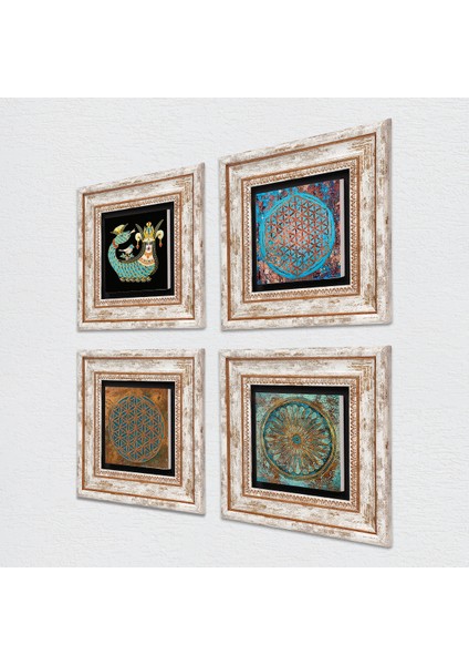 Stone Yaşam Çiçeği, Şahmeran Çerçeveli Taş Duvar Tablosu 4’lü Set - Dekoratif Modern Sanat, Ev ve Ofis Dekoru |TK4-475| fiyatları