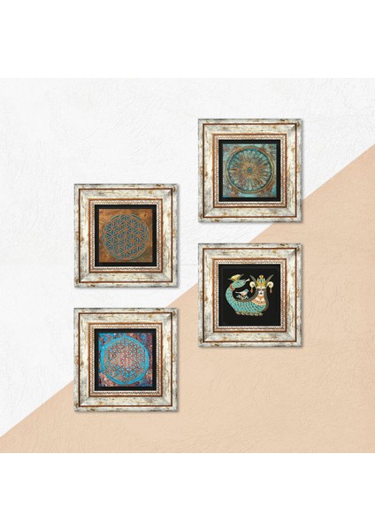 Stone Yaşam Çiçeği, Şahmeran Çerçeveli Taş Duvar Tablosu 4’lü Set - Dekoratif Modern Sanat, Ev ve Ofis Dekoru |TK4-475| indirimleri