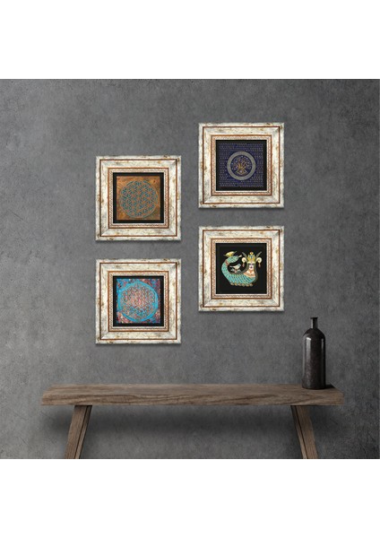 Nazar, Yaşam Çiçeği, Şahmeran Çerçeveli Taş Duvar Tablosu 4’lü Set - Dekoratif Modern Sanat, Ev ve Ofis Dekoru |TK4-479|