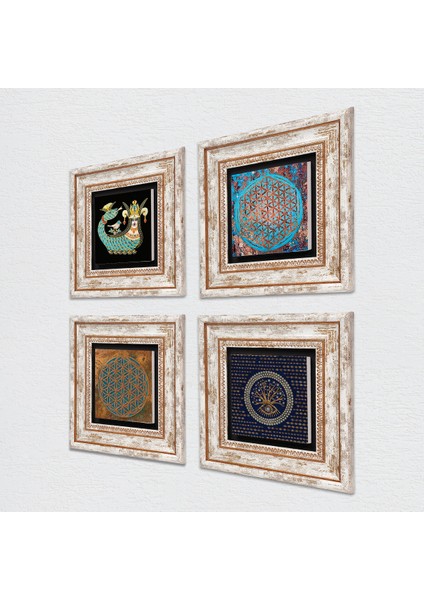 Nazar, Yaşam Çiçeği, Şahmeran Çerçeveli Taş Duvar Tablosu 4’lü Set - Dekoratif Modern Sanat, Ev ve Ofis Dekoru |TK4-479| fiyatları