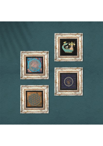 Nazar, Yaşam Çiçeği, Şahmeran Çerçeveli Taş Duvar Tablosu 4’lü Set - Dekoratif Modern Sanat, Ev ve Ofis Dekoru |TK4-479| fırsatları