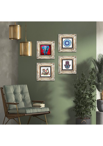 Nazar, Fil, Fatma Ana Eli (Hamsa), Şahmeran Taş Duvar Tablosu Çerçeveli Duvar Dekoru 4 Parça Tablo Seti Wall Art T4-48