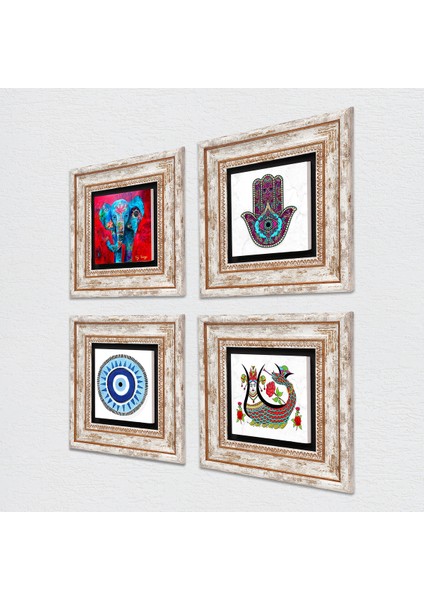 Nazar, Fil, Fatma Ana Eli (Hamsa), Şahmeran Taş Duvar Tablosu Çerçeveli Duvar Dekoru 4 Parça Tablo Seti Wall Art T4-48