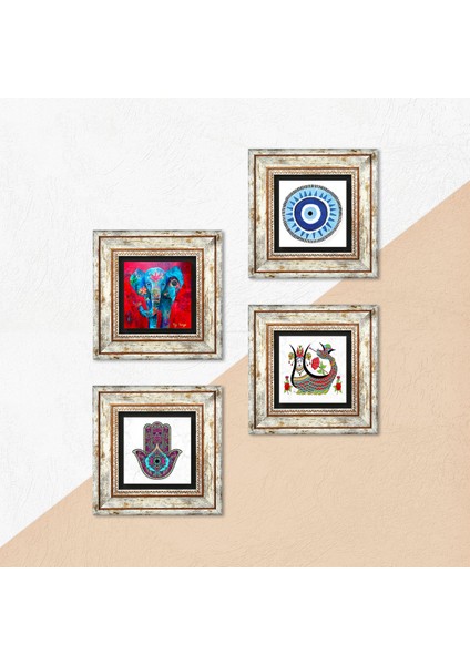 Nazar, Fil, Fatma Ana Eli (Hamsa), Şahmeran Taş Duvar Tablosu Çerçeveli Duvar Dekoru 4 Parça Tablo Seti Wall Art T4-48
