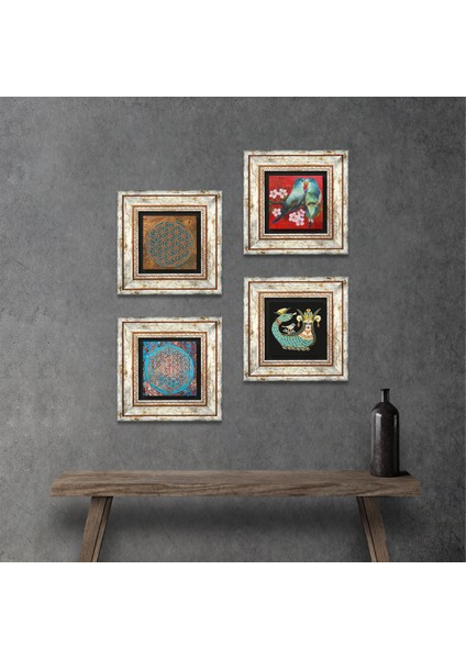 Kuş, Yaşam Çiçeği, Şahmeran Taş Duvar Tablosu Çerçeveli Duvar Dekoru 4 Parça Tablo Seti Wall Art T4-484