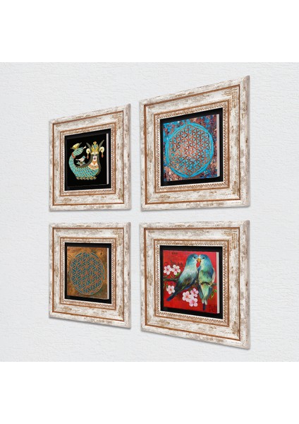 Kuş, Yaşam Çiçeği, Şahmeran Taş Duvar Tablosu Çerçeveli Duvar Dekoru 4 Parça Tablo Seti Wall Art T4-484 fiyatları