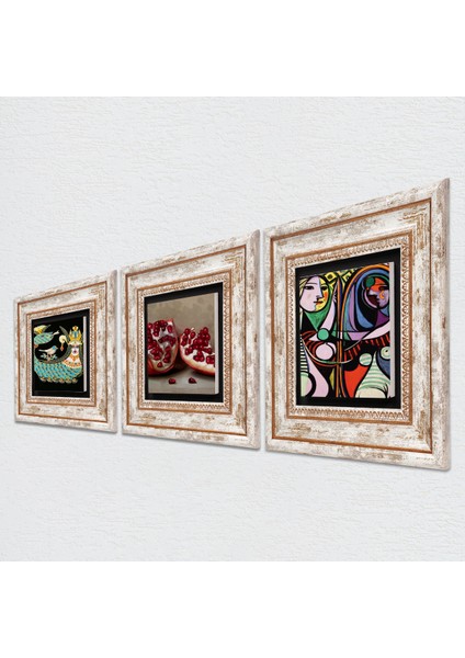 Picasso Ayna Karşısındaki Kız, Şahmeran, Nar Taş Duvar Tablosu Çerçeveli Duvar Dekoru 3 Parça Tablo Seti Wall Art T3-1032
