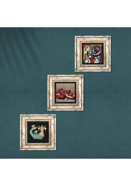 Picasso Ayna Karşısındaki Kız, Şahmeran, Nar Taş Duvar Tablosu Çerçeveli Duvar Dekoru 3 Parça Tablo Seti Wall Art T3-1032