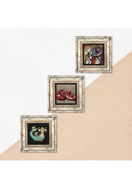 Picasso Ayna Karşısındaki Kız, Şahmeran, Nar Taş Duvar Tablosu Çerçeveli Duvar Dekoru 3 Parça Tablo Seti Wall Art T3-1032