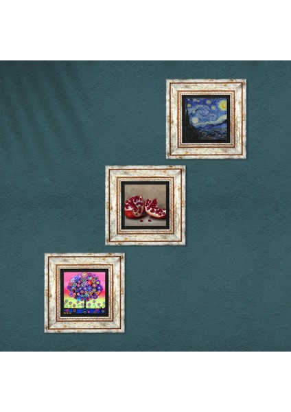 Van Gogh Yıldızlı Gece, Karla Gerard Hayat Ağacı, Nar Çerçeveli Taş Duvar Tablosu 3’lü Set - Dekoratif Modern Sanat, Ev ve Ofis Dekoru |TK3-1044| fırsatları