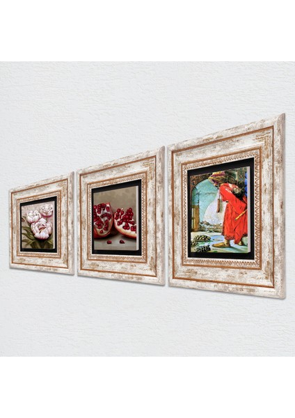 Kaplumbağa Terbiyecisi, Kelebekli Çiçek, Nar Taş Duvar Tablosu Çerçeveli Duvar Dekoru 3 Parça Tablo Seti Wall Art T3-1208 fiyatları