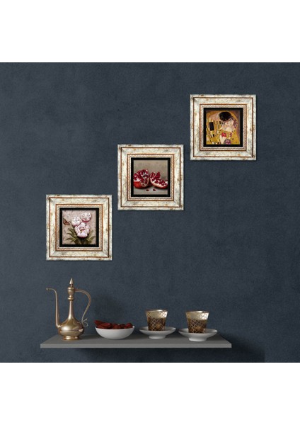 Gustav Klimt Öpücük, Kelebekli Çiçek, Nar Taş Duvar Tablosu Çerçeveli Duvar Dekoru 3 Parça Tablo Seti Wall Art T3-1211