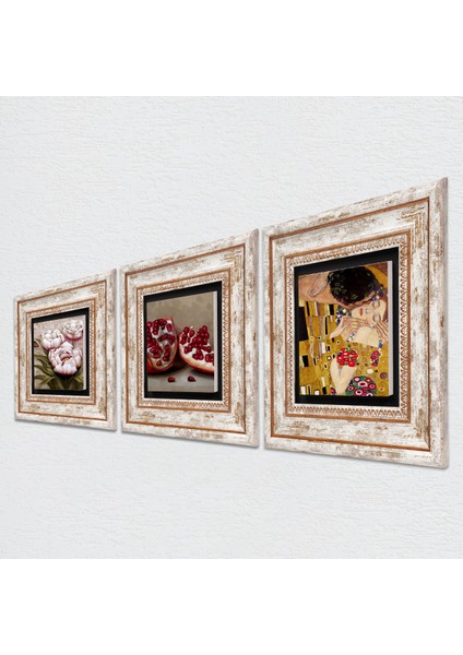 Gustav Klimt Öpücük, Kelebekli Çiçek, Nar Taş Duvar Tablosu Çerçeveli Duvar Dekoru 3 Parça Tablo Seti Wall Art T3-1211