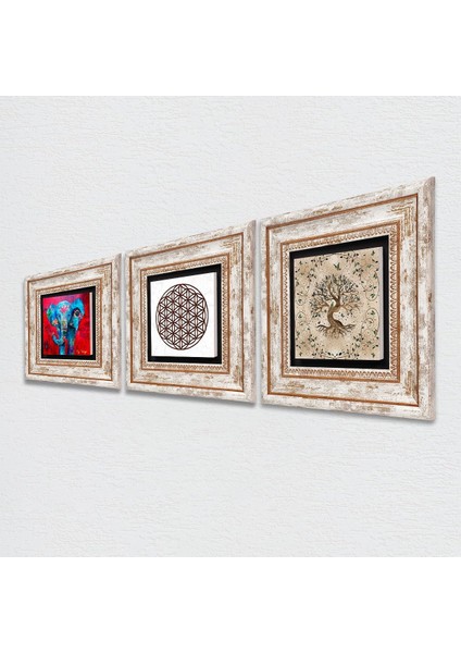 Fil, Yaşam Çiçeği, Hayat Ağacı Taş Duvar Tablosu Çerçeveli Duvar Dekoru 3 Parça Tablo Seti Wall Art T3-125 fiyatları
