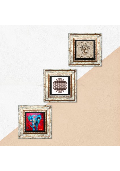 Fil, Yaşam Çiçeği, Hayat Ağacı Taş Duvar Tablosu Çerçeveli Duvar Dekoru 3 Parça Tablo Seti Wall Art T3-125 indirimleri