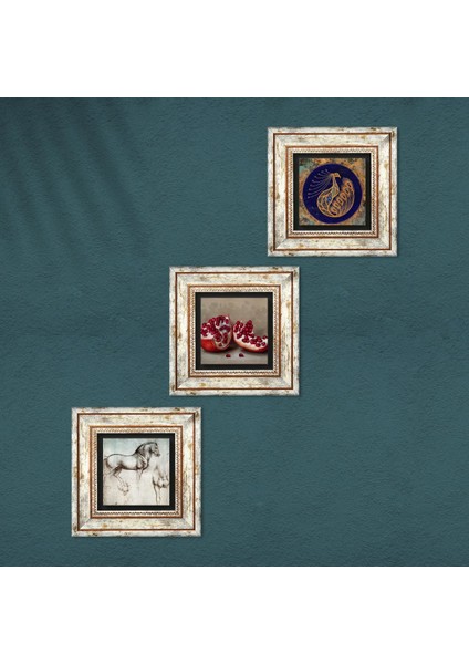 Tavus Kuşu, Leonardo da Vinci At Heykeli, Nar Taş Duvar Tablosu Çerçeveli Duvar Dekoru 3 Parça Tablo Seti Wall Art T3-1319 fırsatları