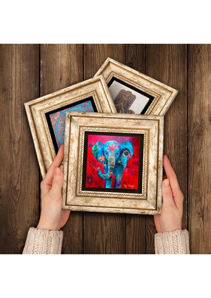 Fil, Yaşam Çiçeği, Lotus Çiçeği Çerçeveli Taş Duvar Tablosu 3’lü Set - Dekoratif Modern Sanat, Ev ve Ofis Dekoru |TK3-76| modelleri