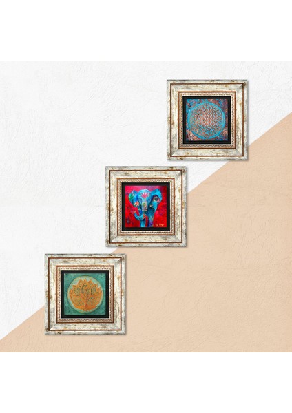 Fil, Yaşam Çiçeği, Lotus Çiçeği Çerçeveli Taş Duvar Tablosu 3’lü Set - Dekoratif Modern Sanat, Ev ve Ofis Dekoru |TK3-76| indirimleri