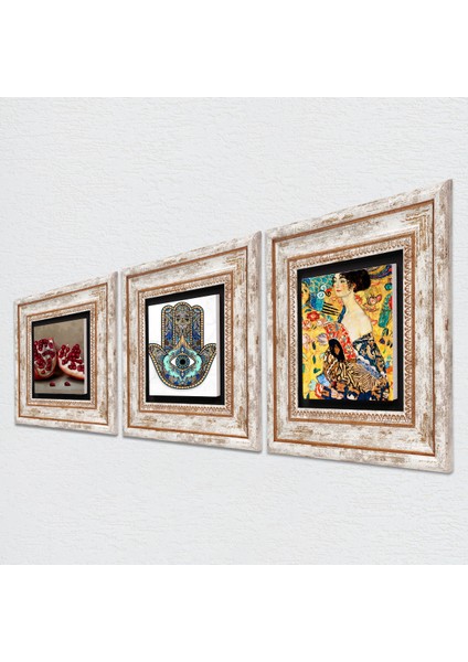 Gustav Klimt Yelpazeli Kadın, Nar, Fatma Ana Eli (Hamsa) Taş Duvar Tablosu Çerçeveli Duvar Dekoru 3 Parça Tablo Seti Wall Art T3-770 fiyatları