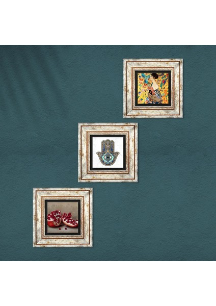 Gustav Klimt Yelpazeli Kadın, Nar, Fatma Ana Eli (Hamsa) Taş Duvar Tablosu Çerçeveli Duvar Dekoru 3 Parça Tablo Seti Wall Art T3-770 fırsatları