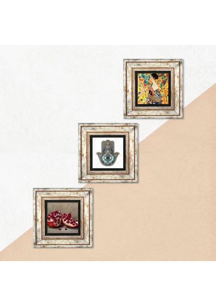 Gustav Klimt Yelpazeli Kadın, Nar, Fatma Ana Eli (Hamsa) Taş Duvar Tablosu Çerçeveli Duvar Dekoru 3 Parça Tablo Seti Wall Art T3-770 indirimleri
