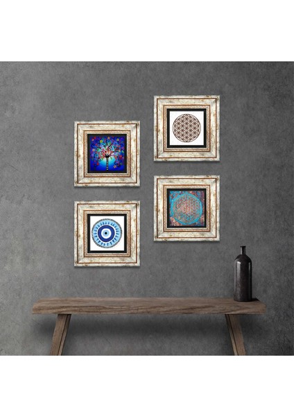 Nazar, Yaşam Çiçeği, Hayat Ağacı Çerçeveli Taş Duvar Tablosu 4’lü Set - Dekoratif Modern Sanat, Ev ve Ofis Dekoru |TK4-835|