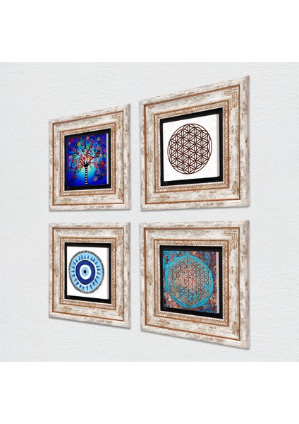 Nazar, Yaşam Çiçeği, Hayat Ağacı Çerçeveli Taş Duvar Tablosu 4’lü Set - Dekoratif Modern Sanat, Ev ve Ofis Dekoru |TK4-835| fiyatları
